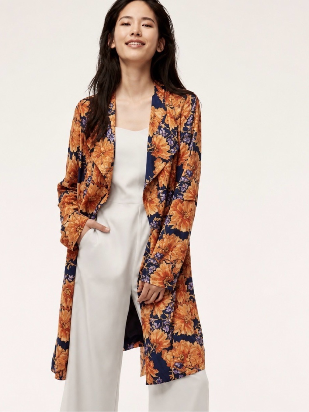 Babaton Quincey Duster Trench Coat in Navy with Orange Floral Print Aritzia